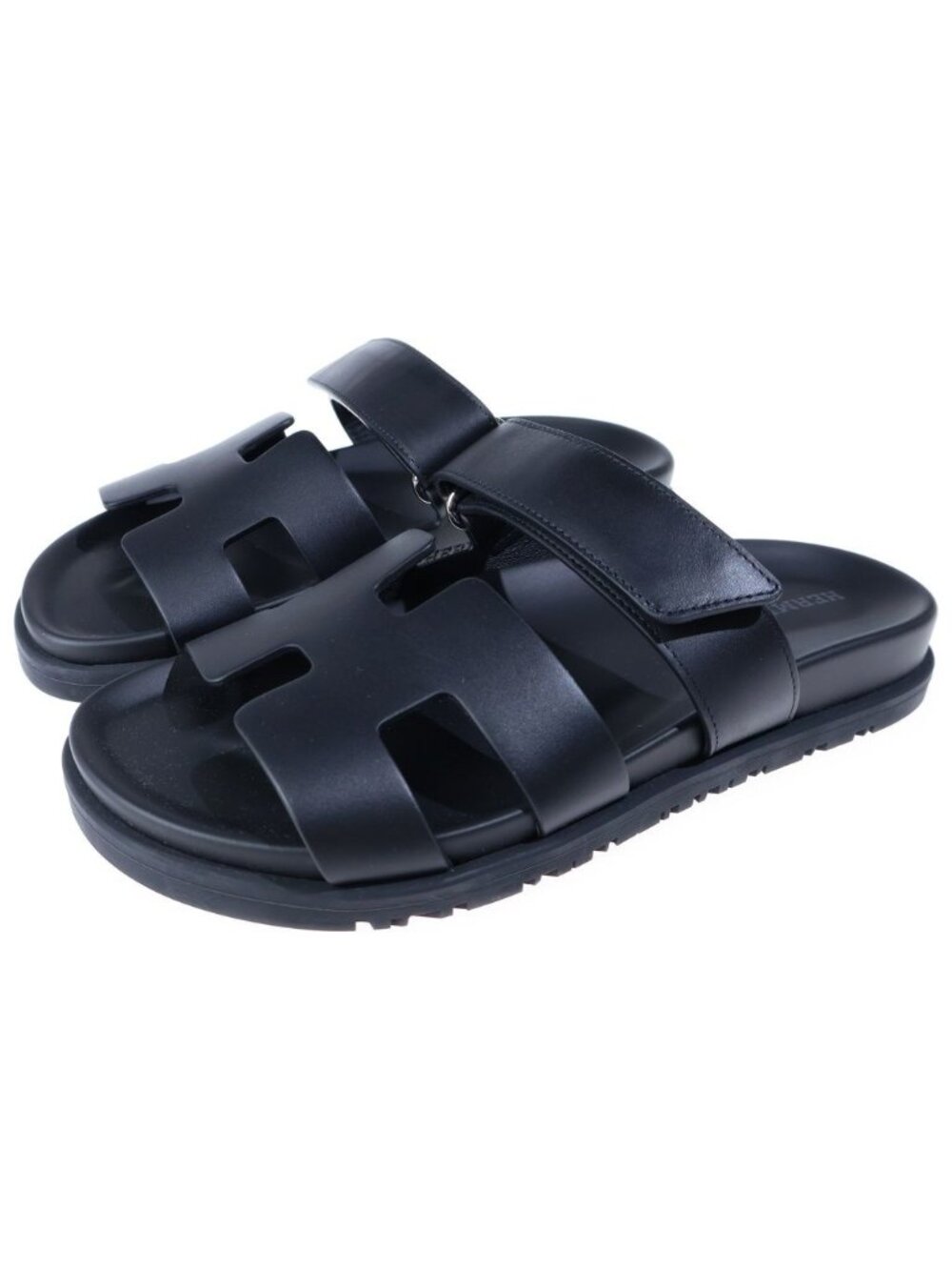 Hermes Chypre H Logo Leather Sandals Flat Shoes Black